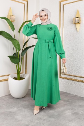 Gül Detaylı Tesettür Elbise-5028 Benetton yeşili - Thumbnail