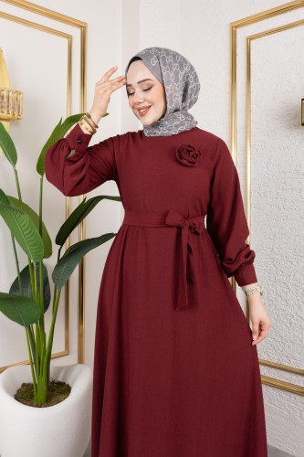 Modaebva - Gül Detaylı Tesettür Elbise-5028 Bordo (1)