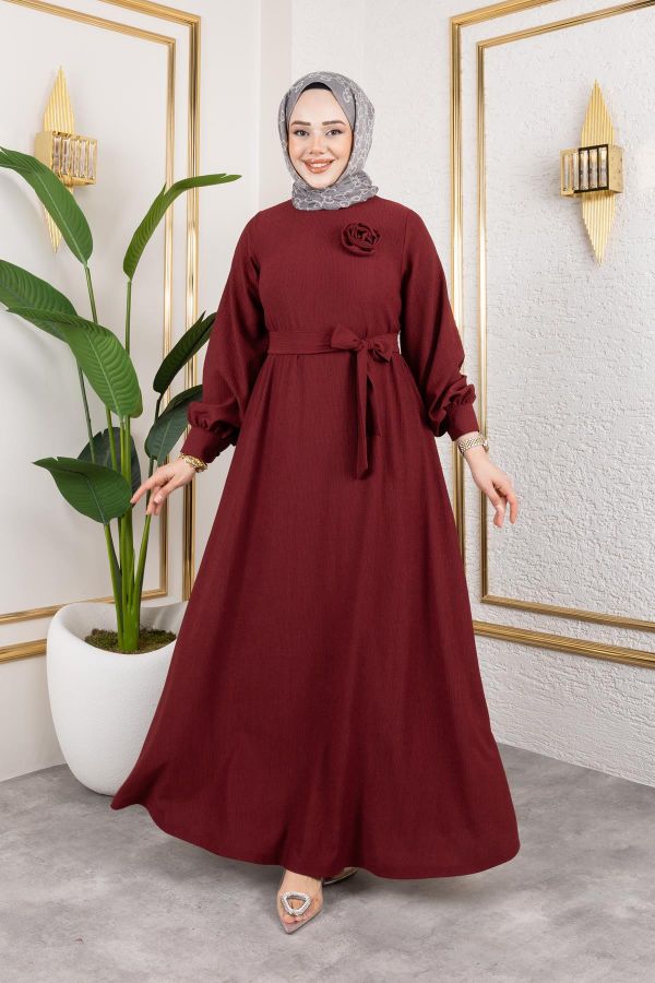 Gül Detaylı Tesettür Elbise-5028 Bordo