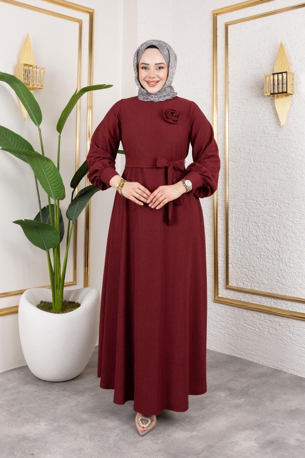 Gül Detaylı Tesettür Elbise-5028 Bordo