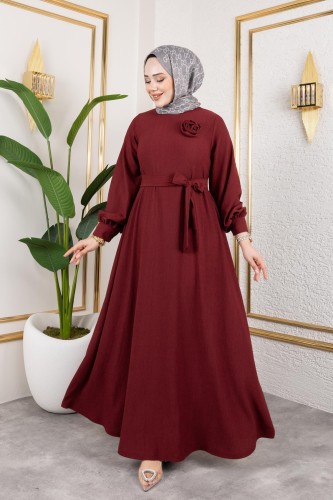 Modaebva - Gül Detaylı Tesettür Elbise-5028 Bordo