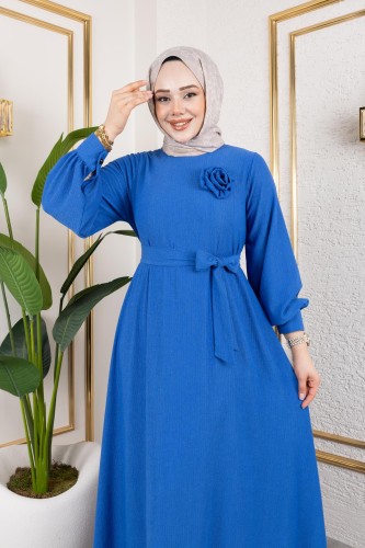 Modaebva - Gül Detaylı Tesettür Elbise-5028 Saks mavisi (1)