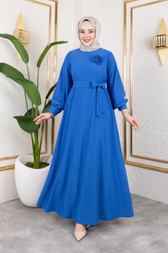 Modaebva - Gül Detaylı Tesettür Elbise-5028 Saks mavisi