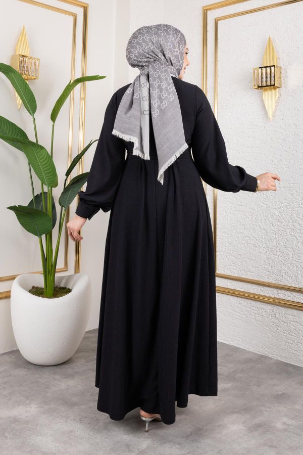 Gül Detaylı Tesettür Elbise-5028 Siyah