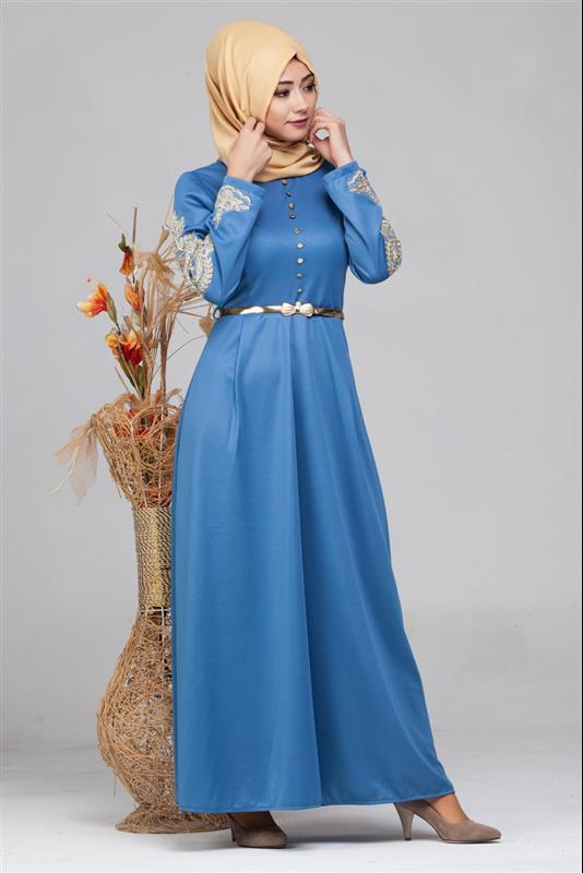 Güpür Detay Kemerli Tesettür Elbise-4003 Mavi
