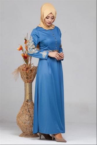 Güpür Detay Kemerli Tesettür Elbise-4003 Mavi - Thumbnail