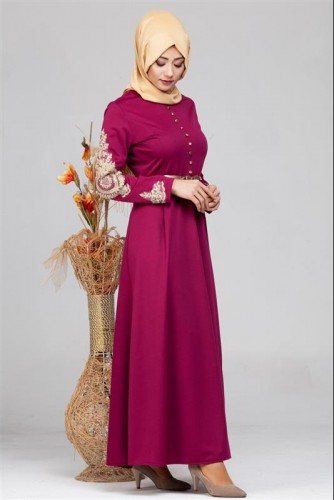 Güpür Detay Kemerli Tesettür Elbise-4003 Şarabi - Thumbnail