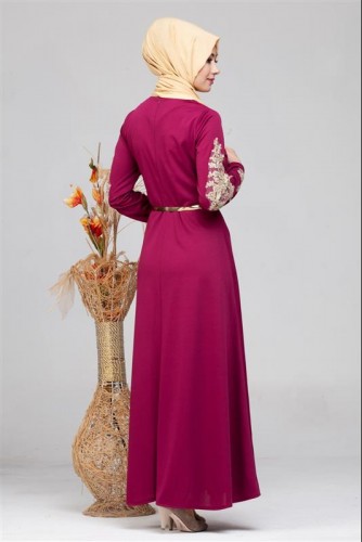 Güpür Detay Kemerli Tesettür Elbise-4003 Şarabi - Thumbnail