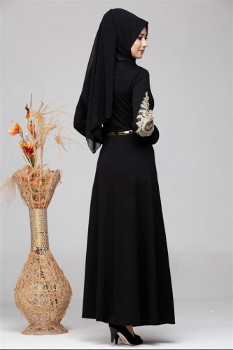 Güpür Detay Kemerli Tesettür Elbise-4003 Siyah - Thumbnail
