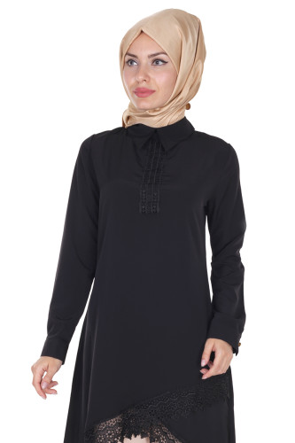 Güpür Detay Ön Kısa Arka Uzun Tunik-0541 Siyah - 2