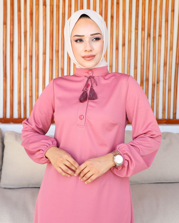 Hakim Yaka Düğmeli Tesettür Takım-3156 Gülkurusu