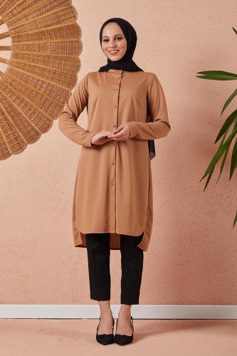 Modaebva - Hakim Yaka Düğmeli Tesettür Tunik-3079 Taba