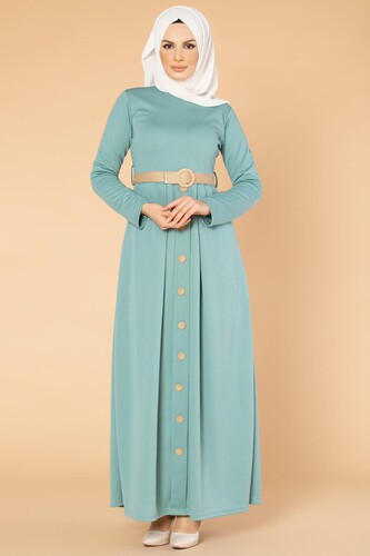 Hasır Kemerli Cepli Tesettür elbise-1725 Mintyeşil - 4