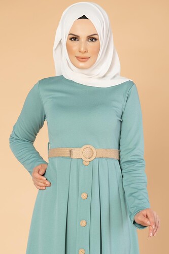 Hasır Kemerli Cepli Tesettür elbise-1725 Mintyeşil - 2
