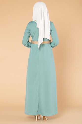 Hasır Kemerli Cepli Tesettür elbise-1725 Mintyeşil - 5