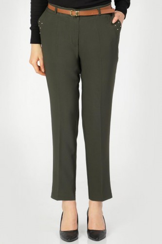 İnci Detay Kemerli pantolon-3031 Hakiyeşil - Thumbnail