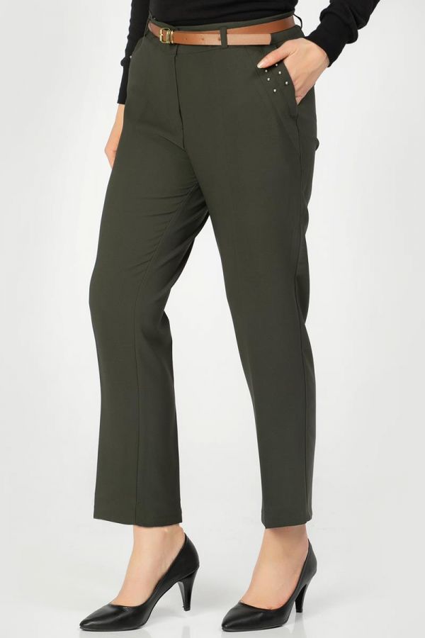 İnci Detay Kemerli pantolon-3031 Hakiyeşil