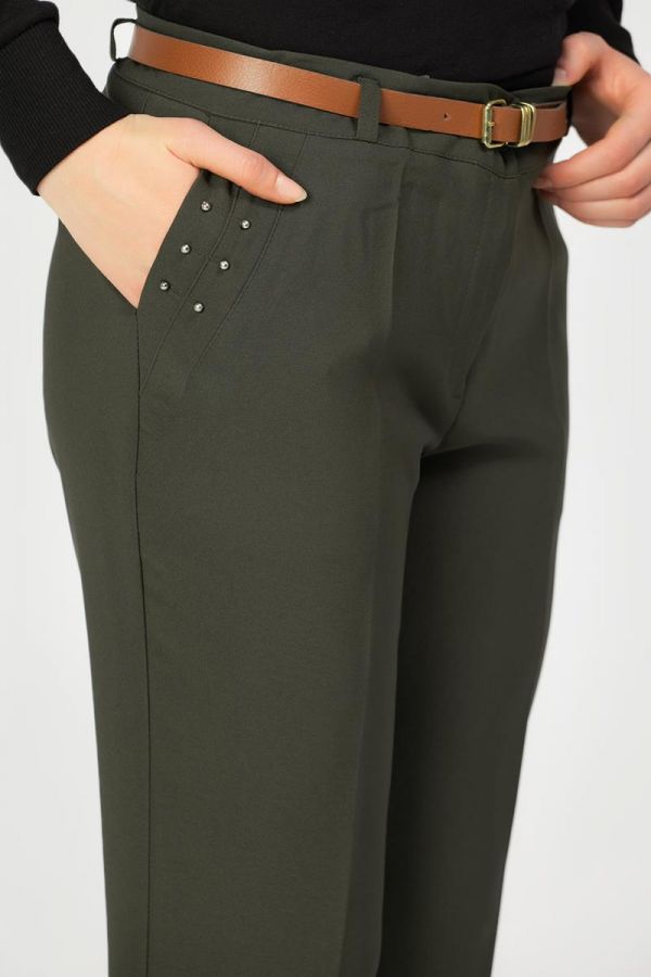 İnci Detay Kemerli pantolon-3031 Hakiyeşil