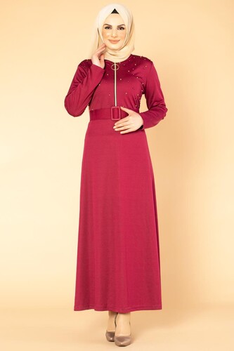 İnci Detay Kemerli Tesettür elbise- 1674 Şarabi - Thumbnail