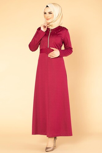 İnci Detay Kemerli Tesettür elbise- 1674 Şarabi - Thumbnail