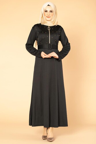 İnci Detay Kemerli Tesettür elbise- 1674 Siyah - Thumbnail