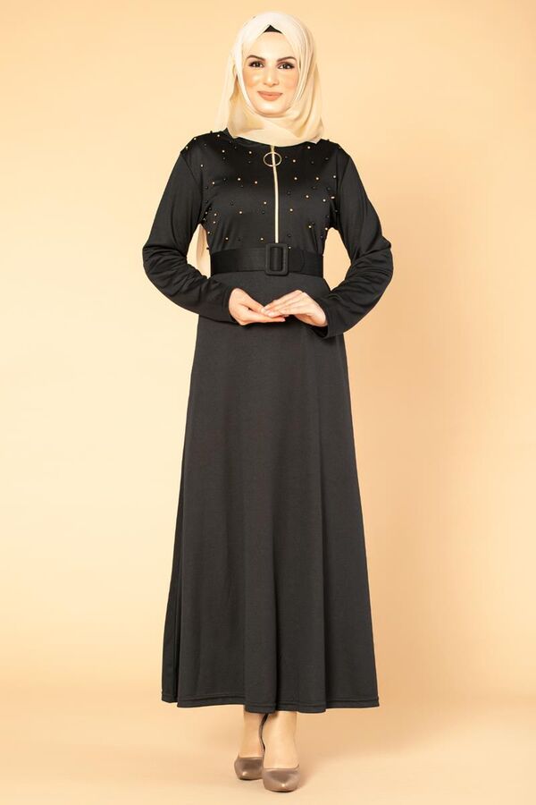 İnci Detay Kemerli Tesettür elbise- 1674 Siyah