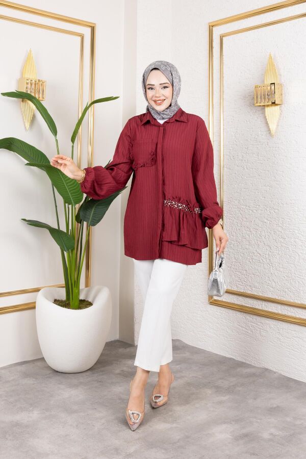 İnci Ve Taş Detaylı Düğmeli Tunik-5505 Bordo - 4