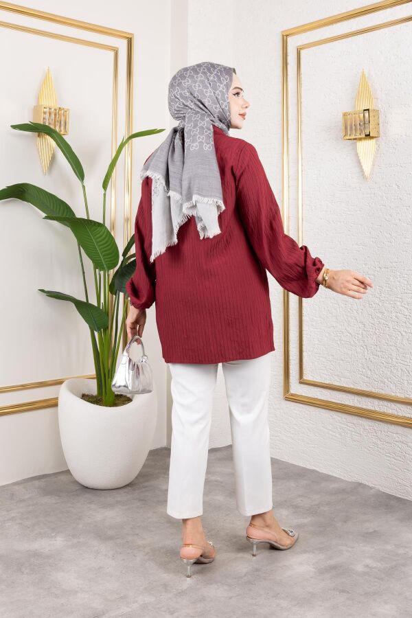İnci Ve Taş Detaylı Düğmeli Tunik-5505 Bordo - 6
