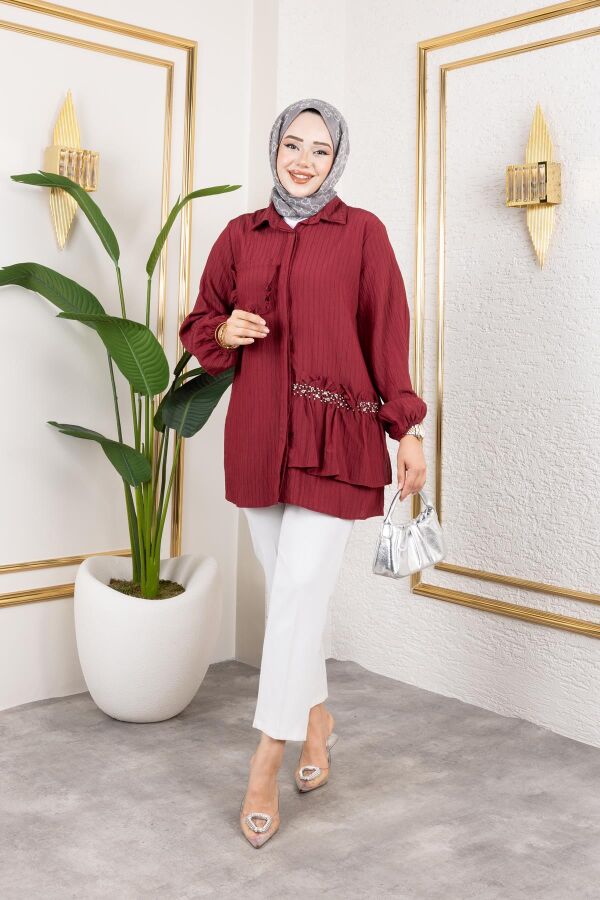 İnci Ve Taş Detaylı Düğmeli Tunik-5505 Bordo - 5