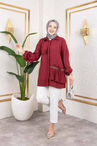 İnci Ve Taş Detaylı Düğmeli Tunik-5505 Bordo - Modaebva (1)
