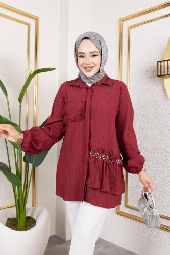 İnci Ve Taş Detaylı Düğmeli Tunik-5505 Bordo - Modaebva