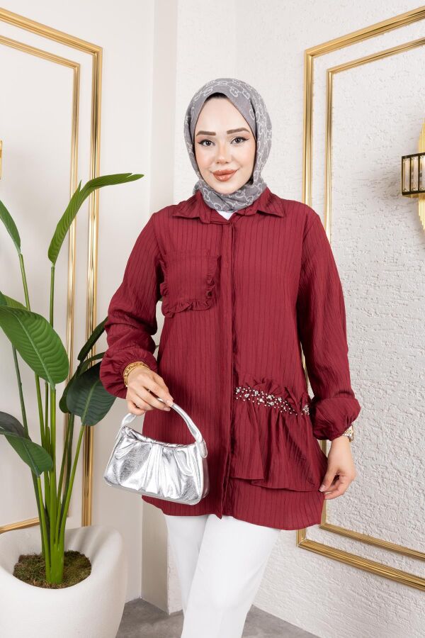 İnci Ve Taş Detaylı Düğmeli Tunik-5505 Bordo - 3