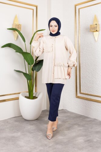 İnci Ve Taş Detaylı Düğmeli Tunik-5505 Vizon - 3
