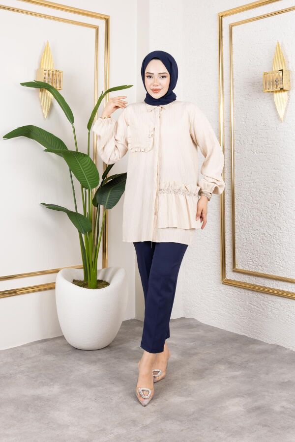 İnci Ve Taş Detaylı Düğmeli Tunik-5505 Vizon - 3