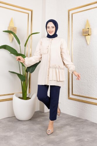 İnci Ve Taş Detaylı Düğmeli Tunik-5505 Vizon - Modaebva (1)