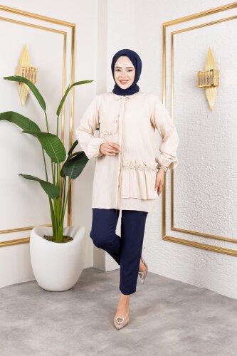 İnci Ve Taş Detaylı Düğmeli Tunik-5505 Vizon - 4