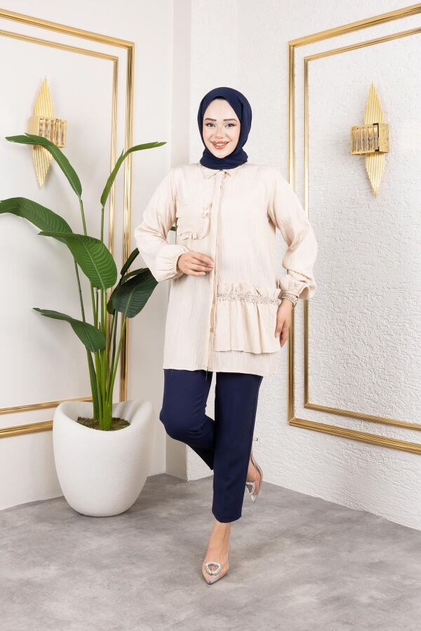 İnci Ve Taş Detaylı Düğmeli Tunik-5505 Vizon - 4