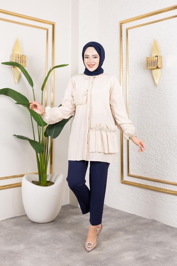 İnci Ve Taş Detaylı Düğmeli Tunik-5505 Vizon - 5