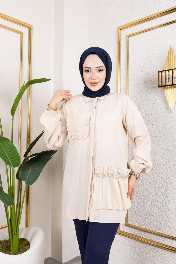 İnci Ve Taş Detaylı Düğmeli Tunik-5505 Vizon - 6