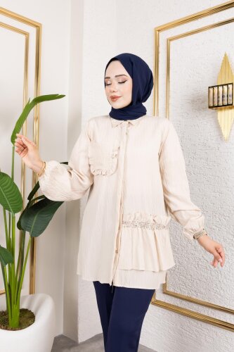 İnci Ve Taş Detaylı Düğmeli Tunik-5505 Vizon - Modaebva