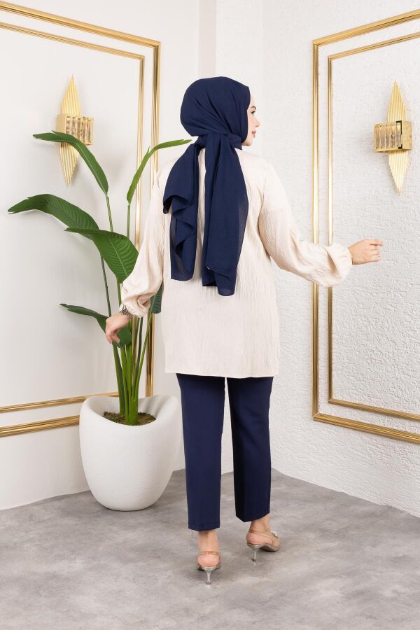 İnci Ve Taş Detaylı Düğmeli Tunik-5505 Vizon - 7