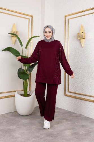Modaebva - İnci Ve Taş Detaylı Oyşo İkili Takım-5060 Bordo