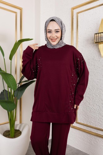 Modaebva - İnci Ve Taş Detaylı Oyşo İkili Takım-5060 Bordo (1)