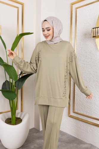 Modaebva - İnci Ve Taş Detaylı Oyşo İkili Takım-5060 Haki yeşili (1)