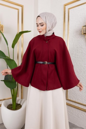 Modaebva - İthal Kaşe Panço-6061 Bordo