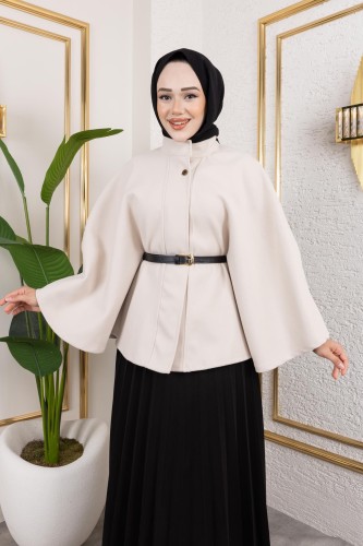 Modaebva - İthal Kaşe Panço-6061 Krem (1)