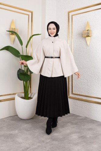 Modaebva - İthal Kaşe Panço-6061 Krem