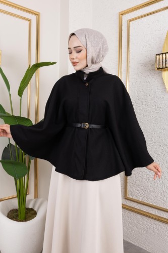 Modaebva - İthal Kaşe Panço-6061 Siyah (1)