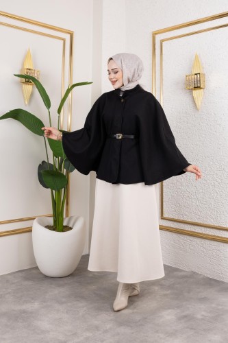 Modaebva - İthal Kaşe Panço-6061 Siyah