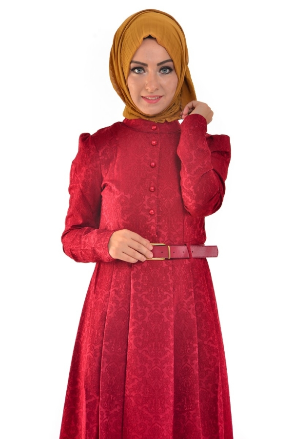 Jakarlı Elbise Bordo -2016